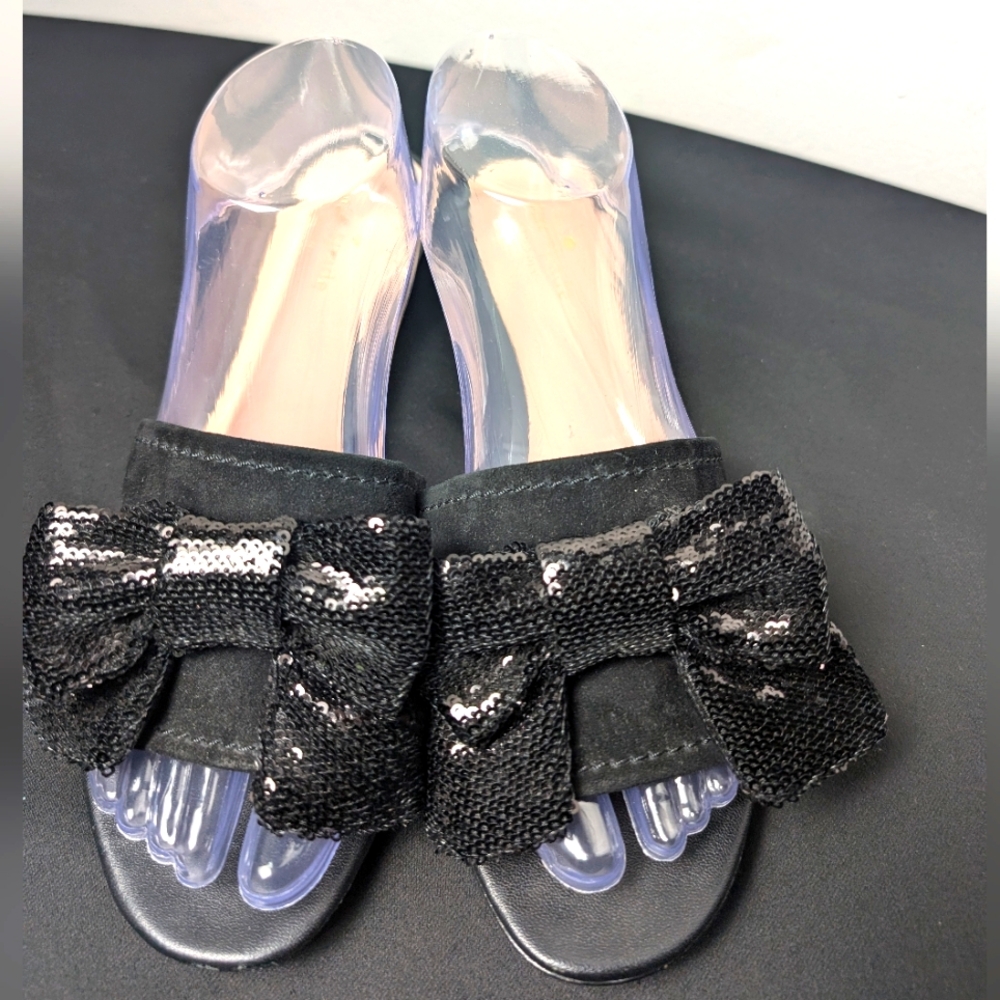 Sequin Bow Slide Mules in Black - Women's Slip-On